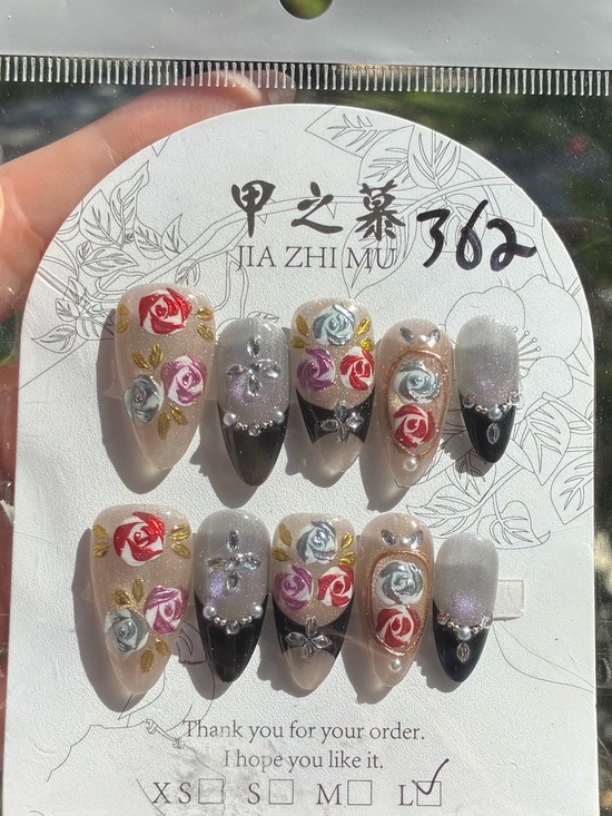 Jia Zhi Mu Other - Floral Rose Rhinestone Press-On Nails | Coquette Dark Floral Almond Nail Set L